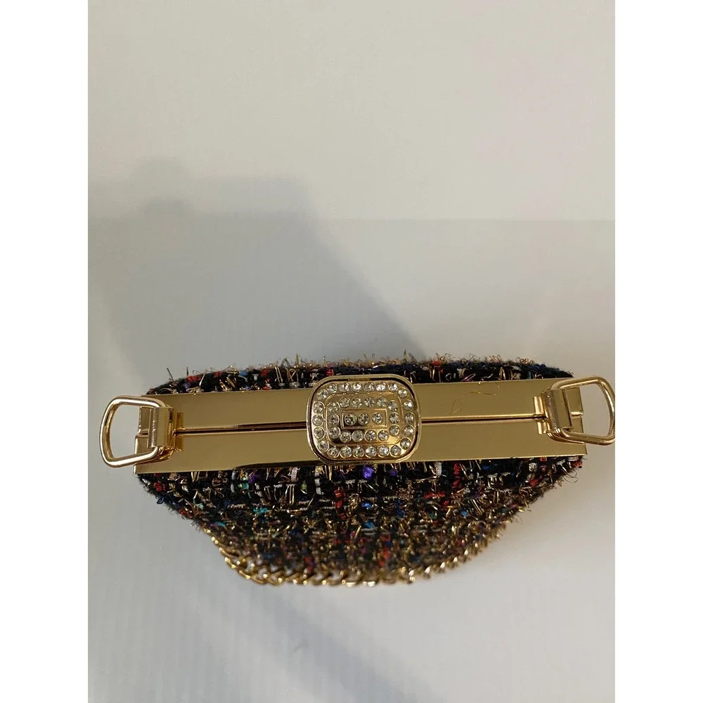 Multicolor Tweed Evening Clutch Bag Gold Chain Strap Crystal Clasp Structured